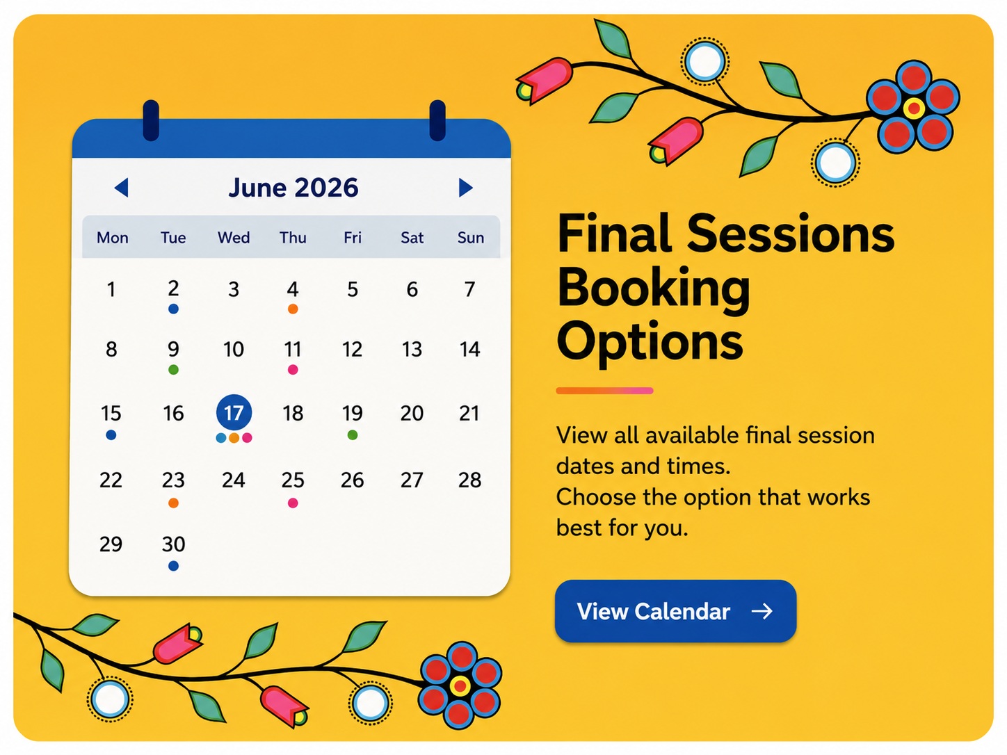 Greaphic displaying calendar and Final Sessions Booking Options text